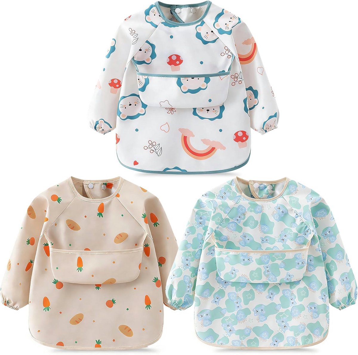 3 Set Waterdichte Babylappjes met Mouwen voor Baby's en Peuters