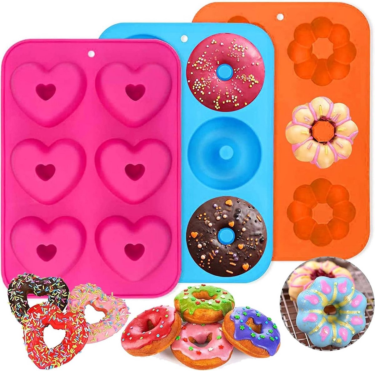 Set van 3 Siliconen Donut Bakvormen - 6 Holtes Per Vorm - Hittebestendig