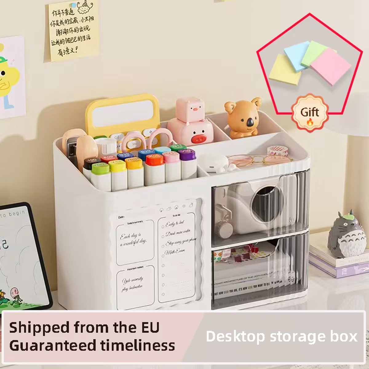 2-in-1 Bureau Organizer met lade, stofdichte pennenbak voor thuis, kantoor en studenten. Inclusief gratis memoblaadjes, praktische bureau accessoire.