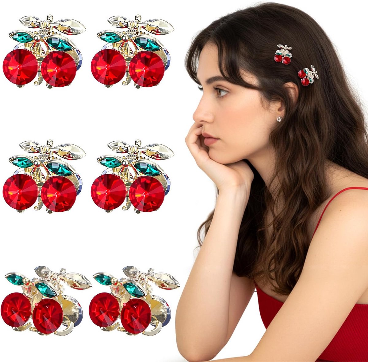 Set van 6 Kleine Haarspeldjes met Kersen en Strass Steentjes voor Dames