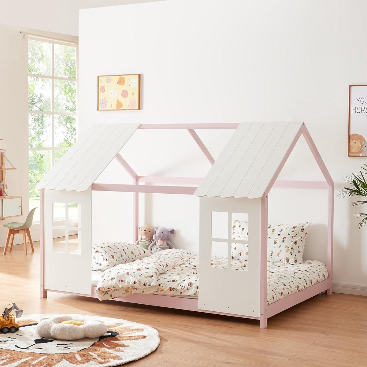 Huisbed Kinderbed Grenen Huisvormig Bedframe 140x200 cm Roze Wit