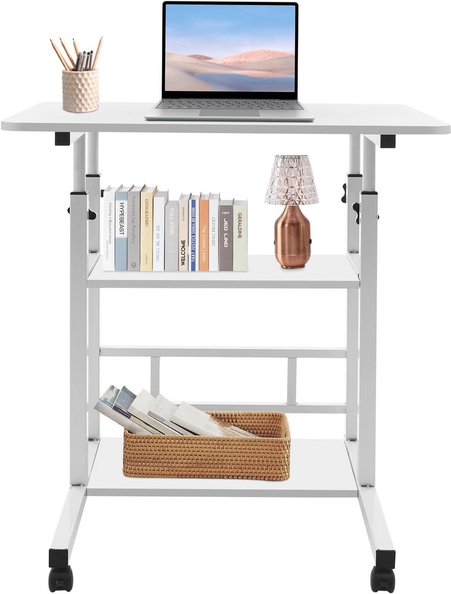 In Hoogte Verstelbaar Mobiel Bureau met Wielen en Plank - Laptoptafel PC Werkstation
