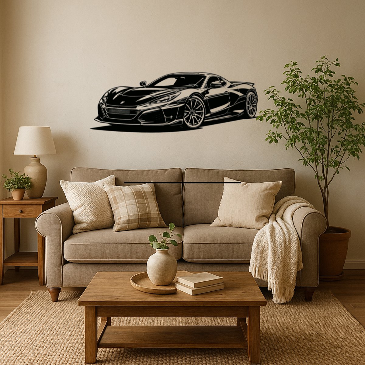 BR2Laser Rimac Nevera – Wanddecoratie – Lasergesneden Hout – Autokunst – 35 cm Breed