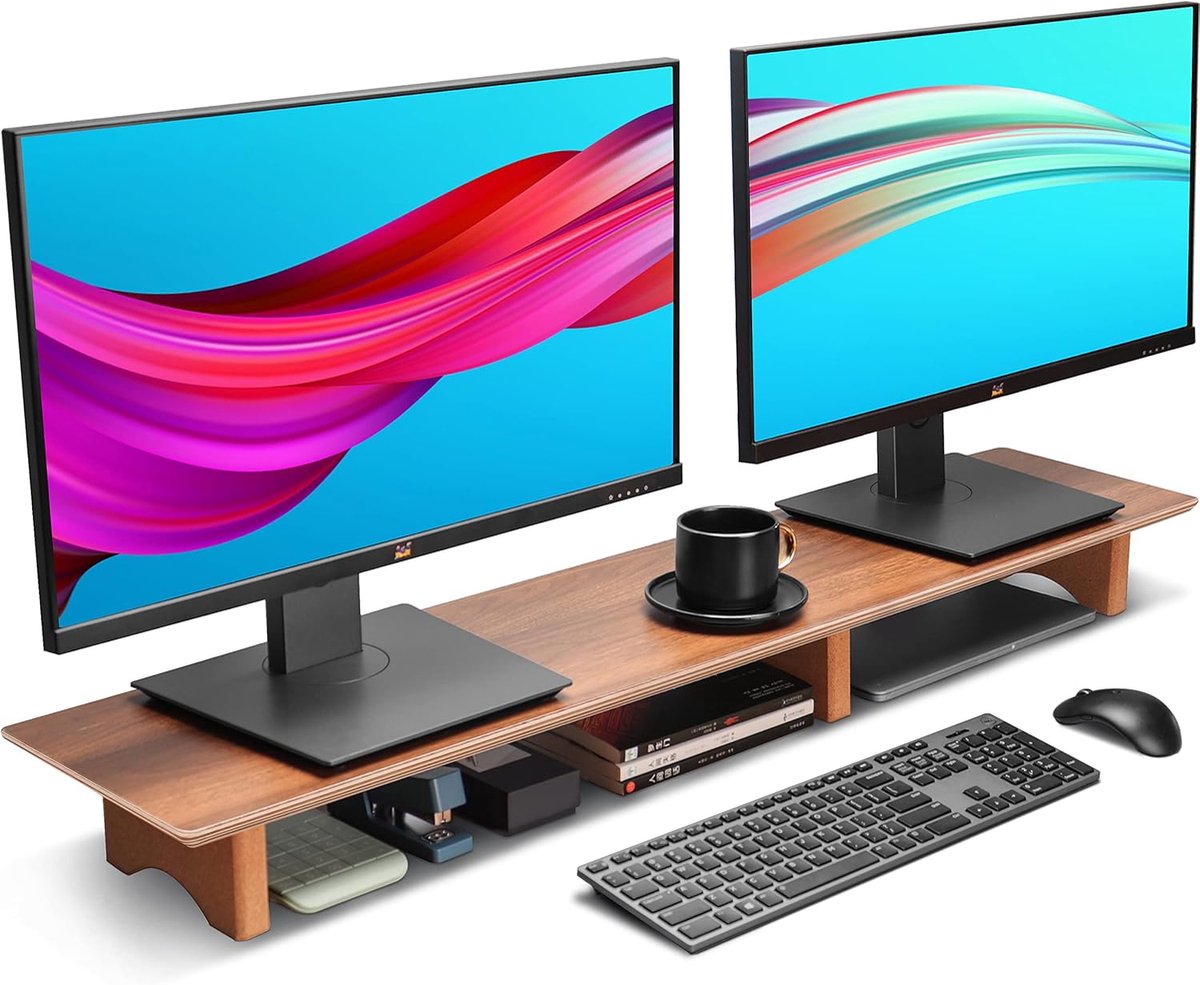 Famanu Grote houten monitorstandaard - bureauverhoger met kurkblokken - geschikt voor zware laptops - monitoren en tv’s - walnootkleur Zwarte