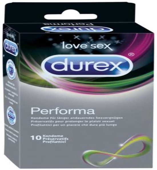 Durex Performa condoomverpakking met golvende roze en groene lijnen. Bevat 10 condooms.