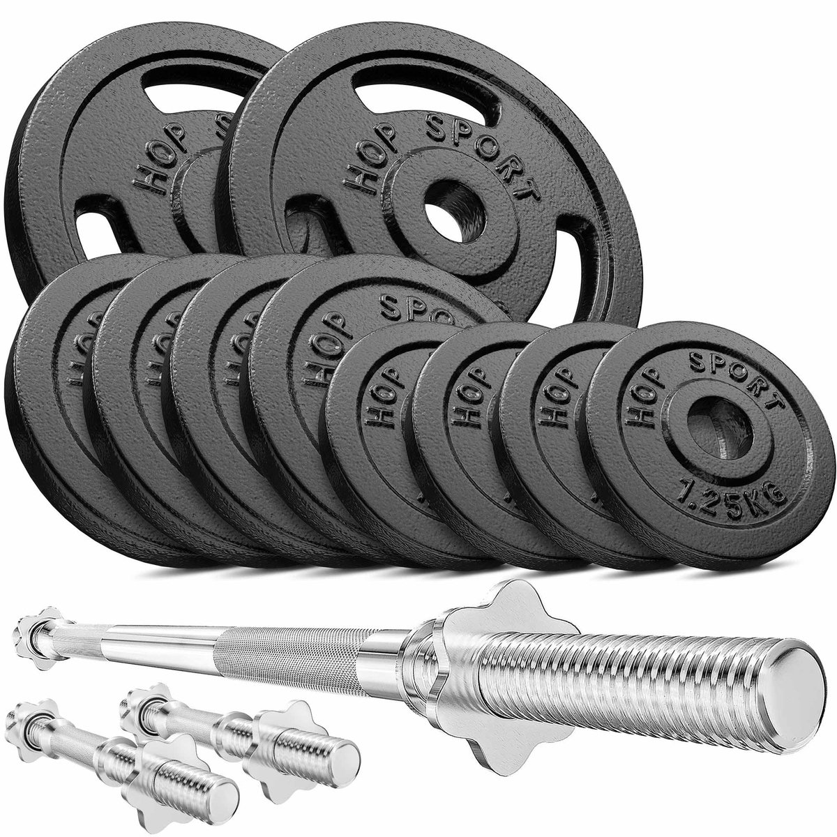Hop Sport – Halterset 39 kg – Lange Halterstang 167 cm – 2 Korte Halterstangen 40 cm – Gietijzeren Halterschijven 30 mm