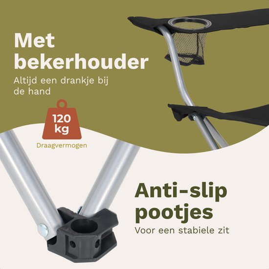 Zwarte klapstoel met bekerhouder en anti-slip voetjes. Draagvermogen 120kg.