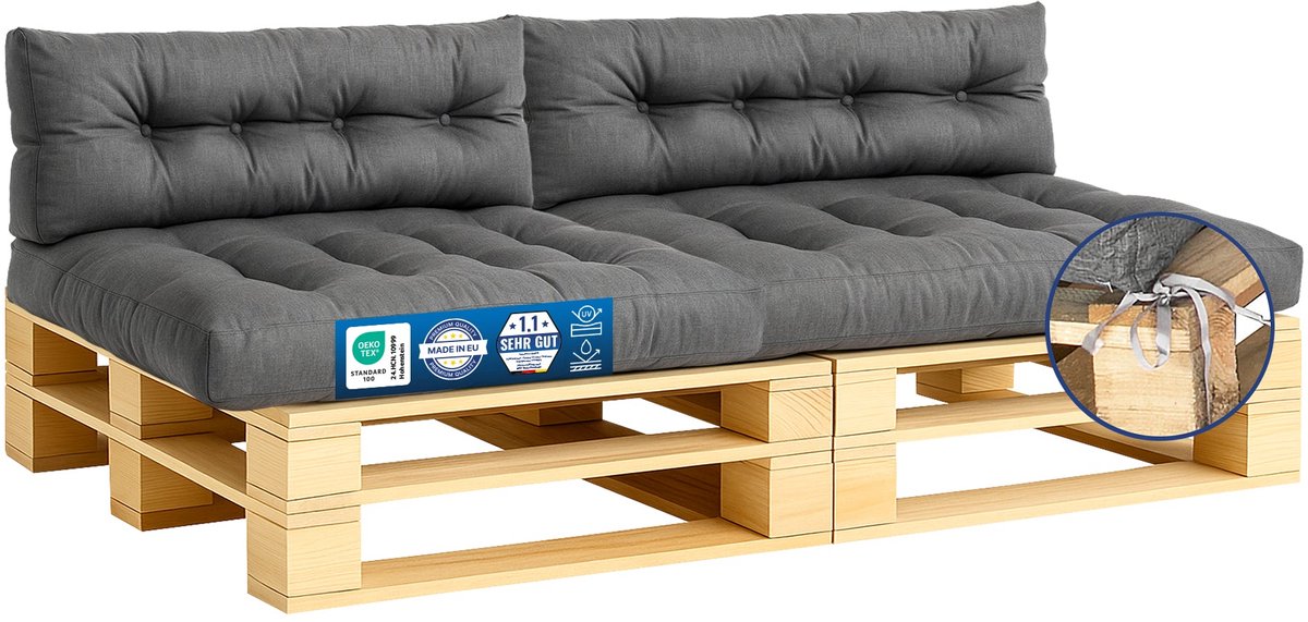 Palletkussenset 4-delig – 2x Zitkussen 120x80 + 2x Rugkussen 120x40 – Waterafstotend & UV-bestendig – Tuinkussen voor Palletbank Buiten & Binnen