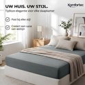 Een modern ingerichte slaapkamer met een grijs hoeslaken op een bed. "Uw huis. Uw stijl. Tijdloze elegantie voor elke slaapkamer."