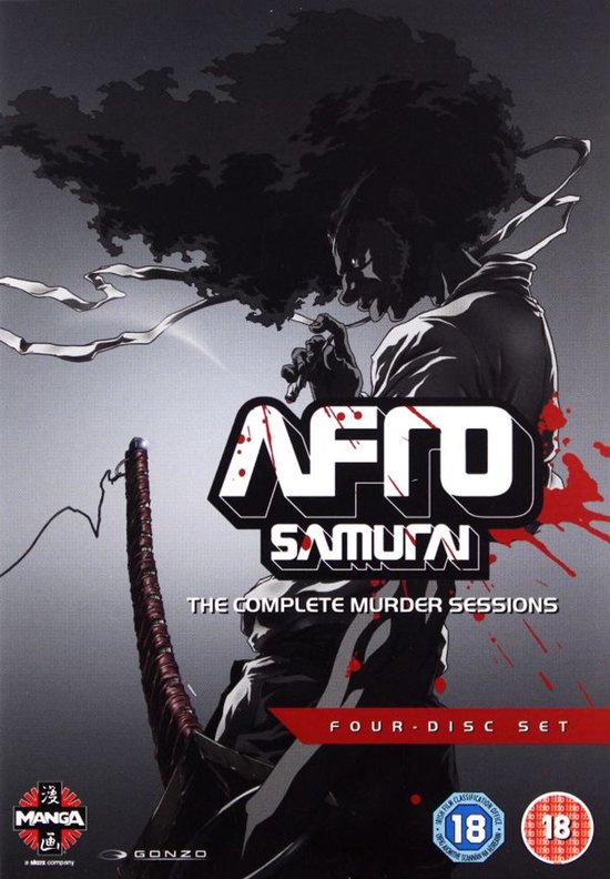 De voorkant van de Afro Samurai DVD-box, met een illustratie van Afro Samurai met een groot zwaard, bloedspatten en de titel in grote letters.