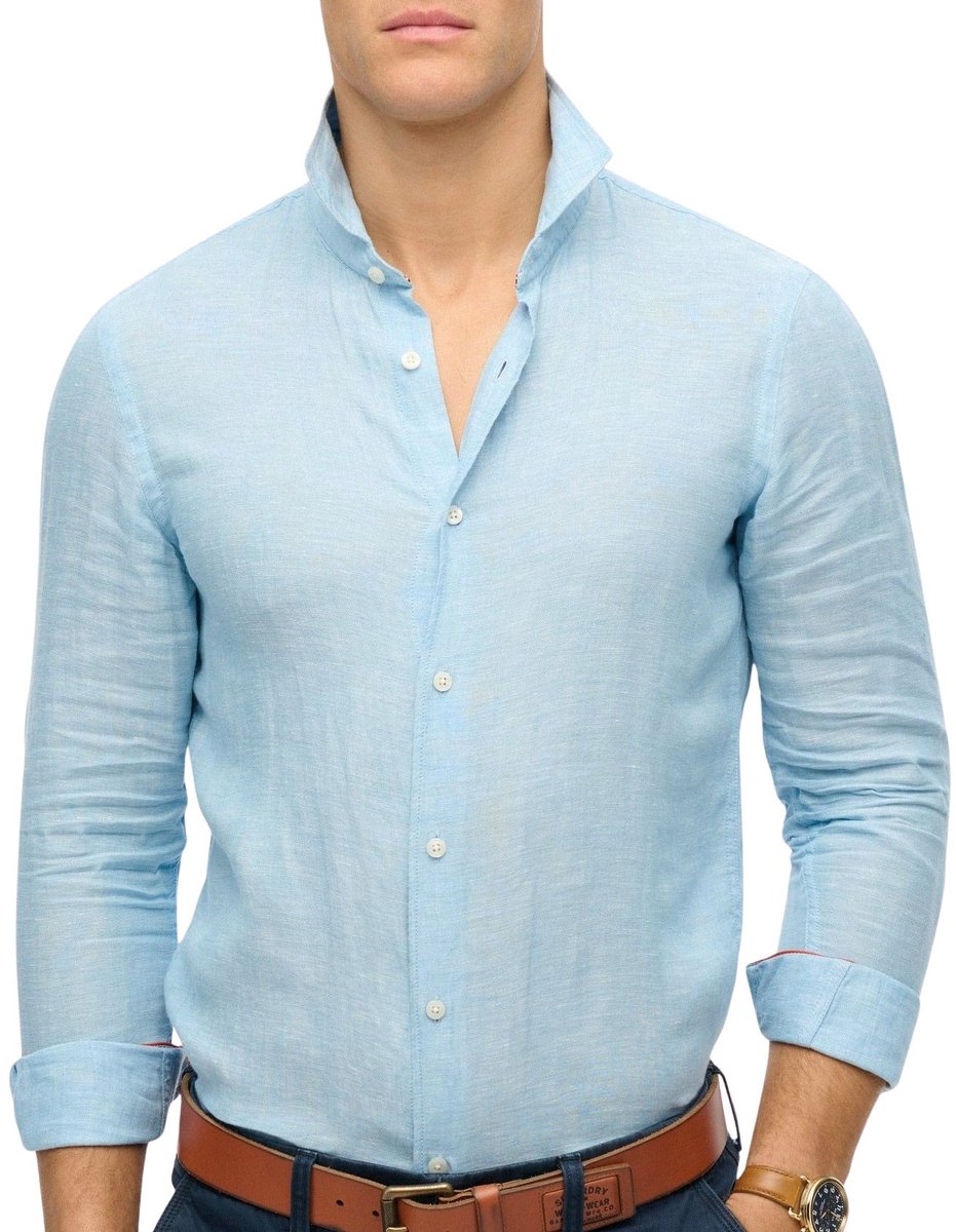 Superdry Vacation Linnen LS Overhemd Heren Blauw