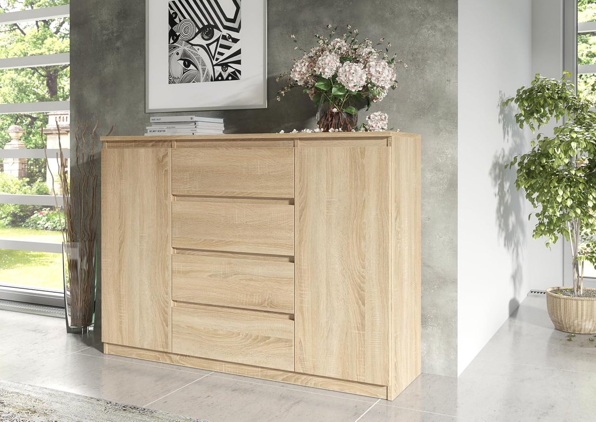 Commode Dressoir 4 Laden & 2 Deuren 140 cm – Sonoma Eiken Opbergkast voor Woonkamer & Slaapkamer – Hoogte 101,5 cm, Breedte 138,6 cm, Diepte 39 cm – Pauwhome