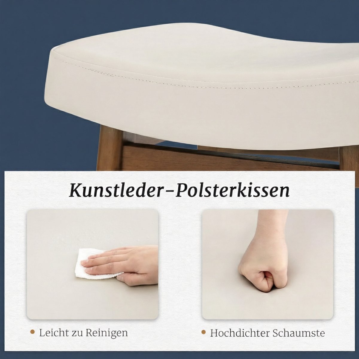 Barkrukken Set van 2 – House&Garden Elegance 61 cm Barstoelen met Rugloze Zitting – Kunstleer Antiek Wit – Massief Houten Poten met Voetensteun – Moderne Keukenkrukken