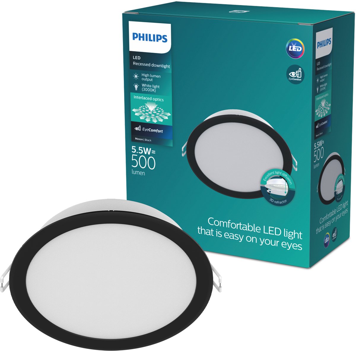 Philips Meson Inbouwspot - Plafondverlichting - Diameter: 90mm - Helder wit licht: 3000K - Zwart