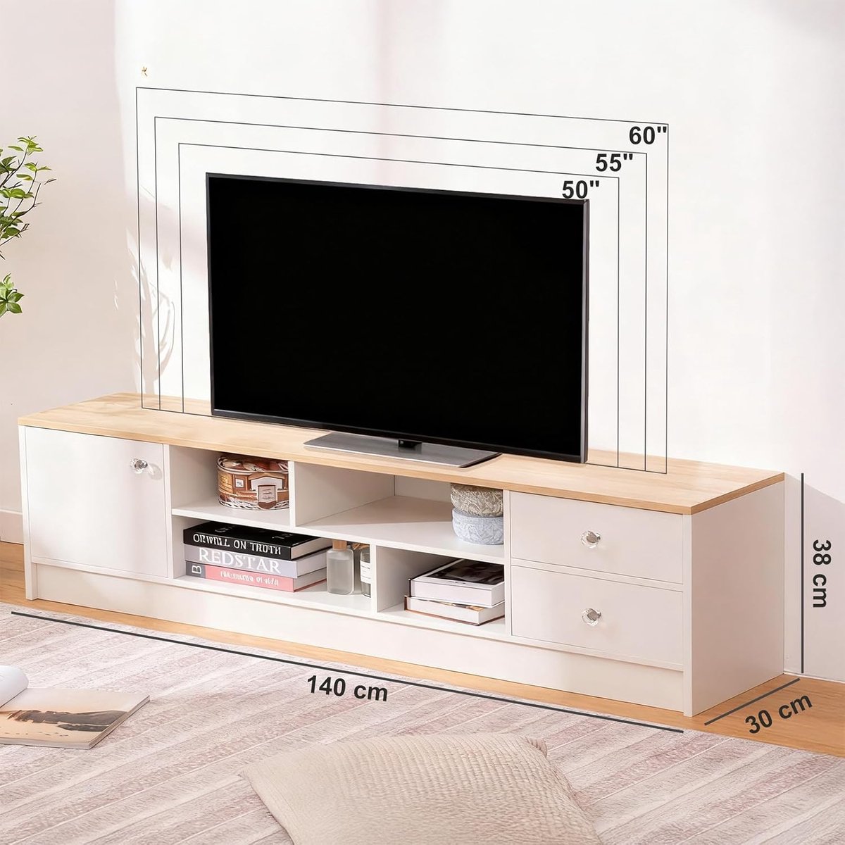 Tv-meubel 140x30x38 cm met 2 lades en 1 deur – Modern Wit & Houtlook – Geschikt voor TV to