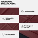 Detailfoto's van bordeaux fietsshirt: waterdruppels, vochtafdrijvend, lichtgewicht, sneldrogende werking en langere rug.