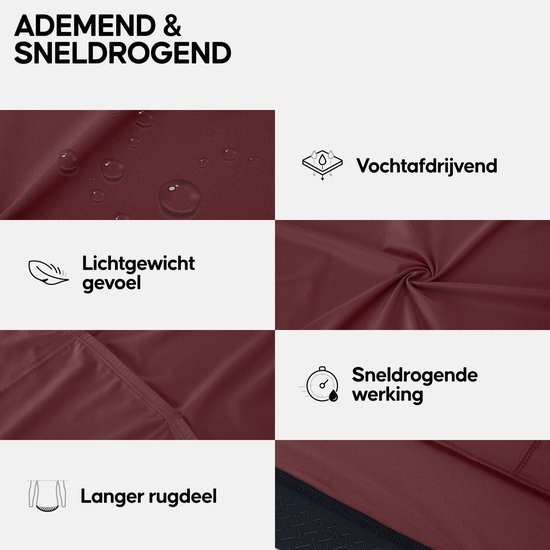 Detailfoto's van bordeaux fietsshirt: waterdruppels, vochtafdrijvend, lichtgewicht, sneldrogende werking en langere rug.