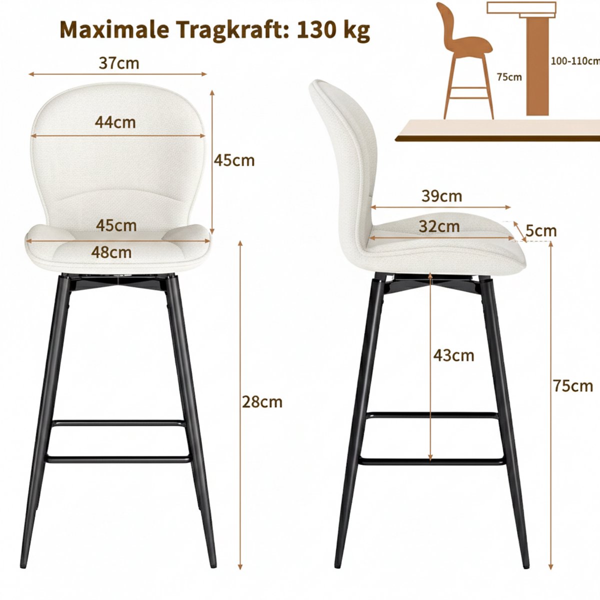 Barkrukken Set 4er – 75 cm Sitzhöhe – 360° Drehbar – Gepolsterter Stoff Barstuhl mit Rückenlehne & Metallgestell – Moderner Tresenstuhl für Küche, Kücheninsel & Essbereich – House&Garden Beige