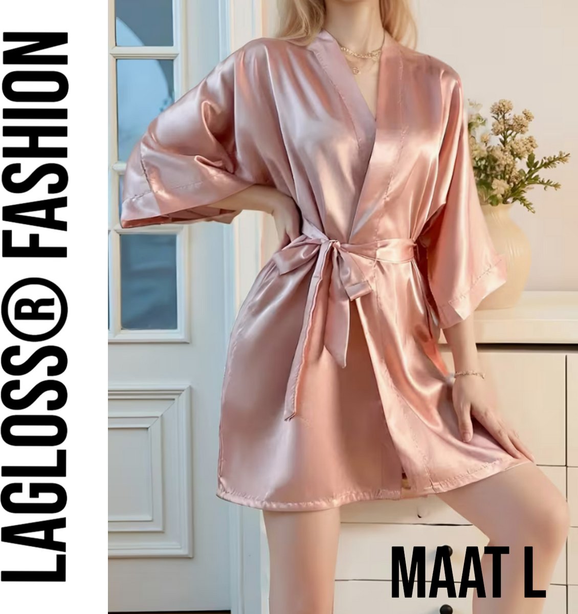 LaGloss® Roze Dames Badjas – Elegante V-Hals met 3/4 Mouwen – Nachtkleding – Maat L