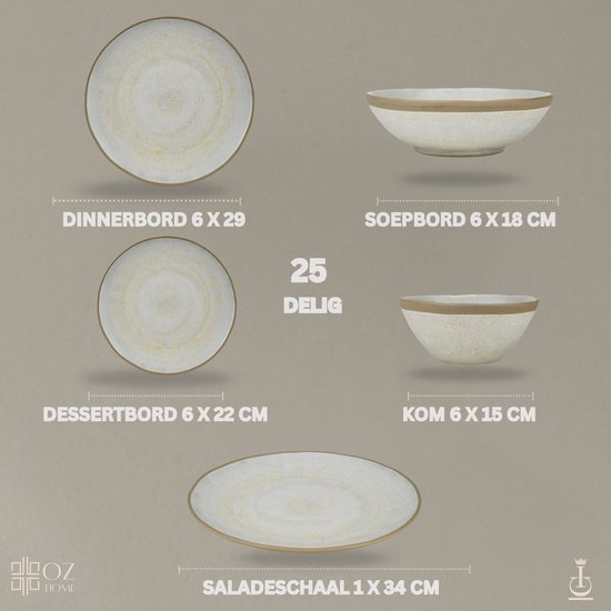 Service de table OZ Home Bricard Albi 25 pièces Porcelaine - 6 personnes - Blanc cassé (greige) avec bordure beige - Empilable - Résistant au lave-vaisselle et au micro-ondes, résistant au four