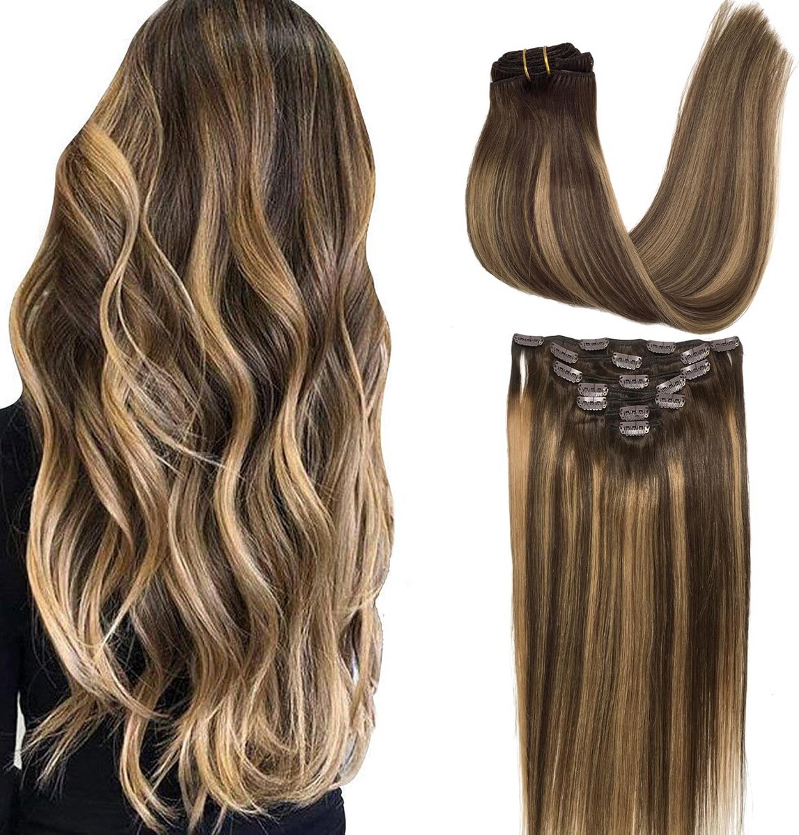 Clip-in Haarverlenging Echt Menselijk Haar Set Volle Vacht 120g Kleur 4/27/4 Bruin