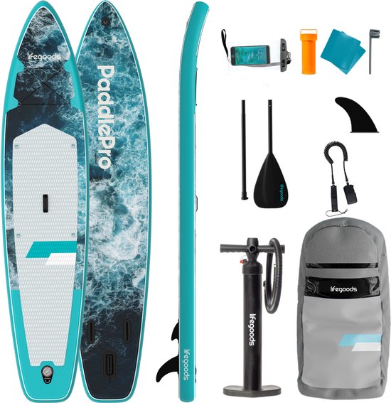 LifeGoods SUP Board Touring - 180 KG Draagkracht - 365 x 76 cm - Opblaasbaar - Compleet Sup pakket - Donkerblauw