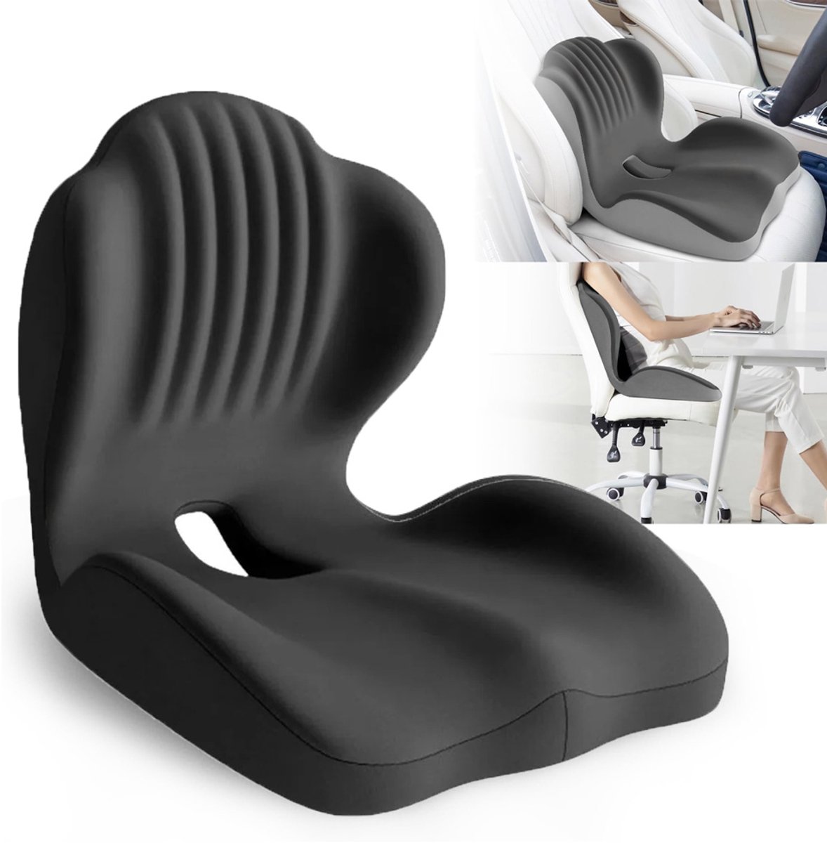Orthopedisch Zitkussen met Rugsteun - Ergonomisch Zitkussen - Tegen Rugpijn & Stuitpijn - Rugkussen Auto - Lumbar Support - Memory Foam - zwart