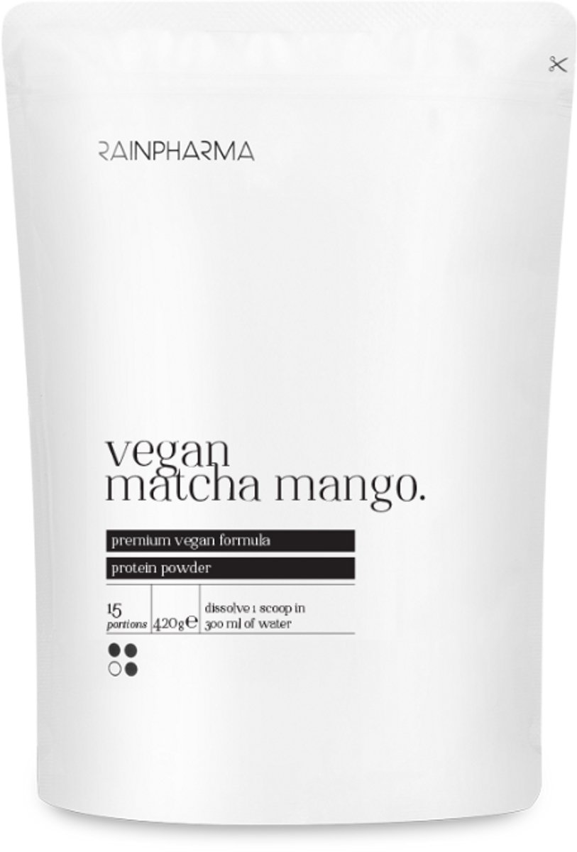 RainPharma Vegan Matcha Mango Eiwitpoeder - Eiwitshake 422g - Plantaardig - Zonder Sucralose - Vegan - 15 Porties - Matcha & Mango - 21 gram eiwitten