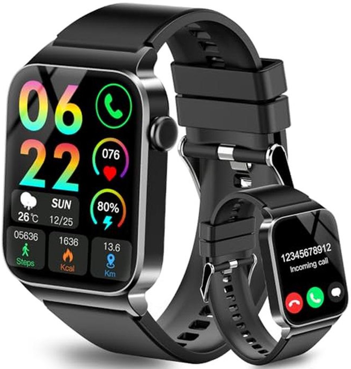 Smartwatch met 1,85'' HD Touchscreen, Bluetooth Bellen, 110+ Sportmodi, Hartslagmeter en Stappenteller, Waterdicht