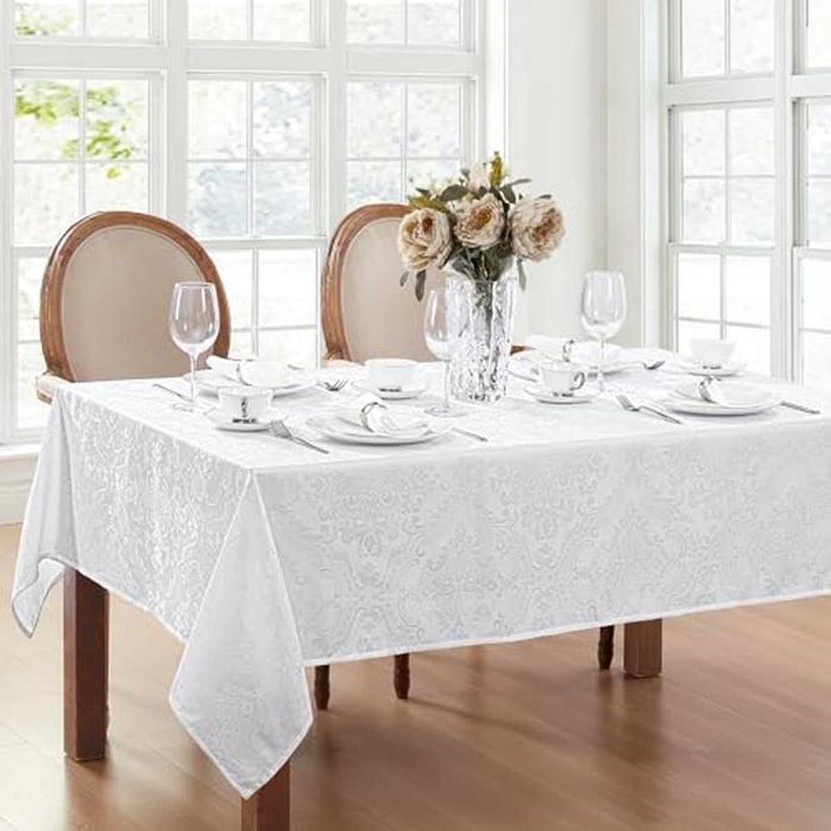 Wit Rechthoekig Polyester Tafelkleed 259 x 152 cm - Luxe Damast Design