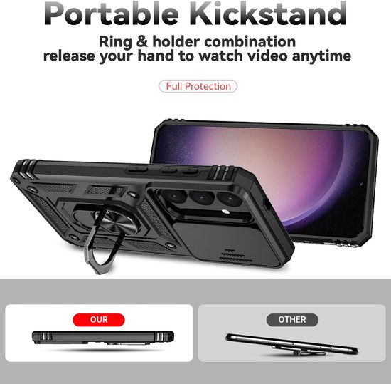 Coque de téléphone noire avec béquille dépliée et un téléphone dans une coque.