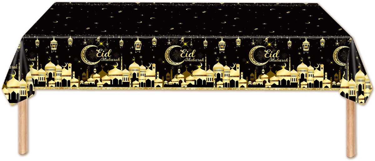BTH - Eid Mubarak Tafelkleed - Decoratie - Ramadan - Tafellaken - Zwart & Goud - Feest Versiering - 137*274 Cm