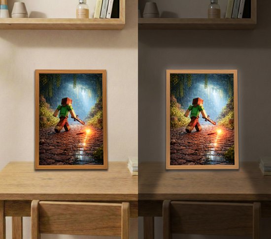 Minecraft Inspired Avonturier – 31×23 cm – Verlicht kunstwerk – LED licht portret nachtlampje – Dimbaar – Sfeerverlichting – Kinder Woon en Slaapkamer Wall Art Decor van NovaPortrait — afbeelding 2