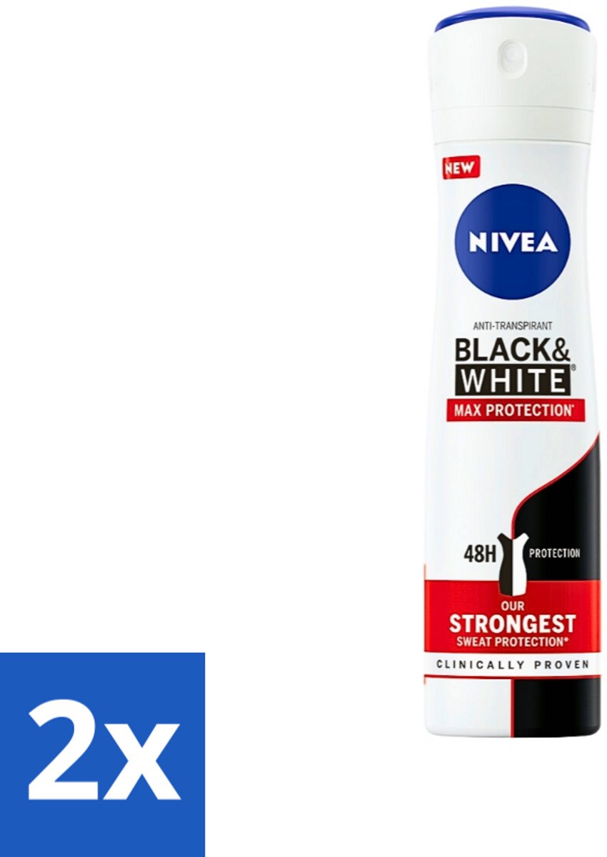 2 x Nivea - Deodorant - Spray - Black & White Max Protection - 150 ml - Anti-transpirant - Zweetbescherming - Vlekkenvoorkomend - Kledingbescherming - 48 Uur Bescherming