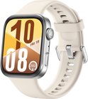 Zilverkleurig smartwatch met een crèmekleurige band, met een wijzerplaat die 'FRI 18' en '08' toont.
