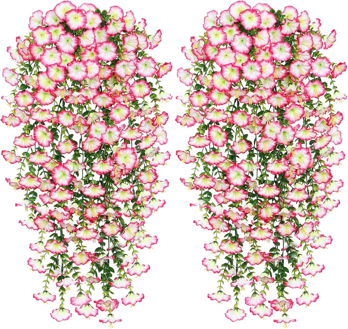 Kunstmatige hangbloemen voor buiten, zomerdecoratie, 2 stuks upgrade UV-bestendige kunstzijden hangplanten voor buiten, tuin, veranda, raam, woondecoratie