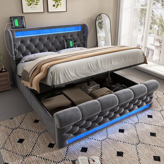 MODFU - Ledikant 140x200 cm – Grijs velvet met LED & hydraulisch – Incl. matras