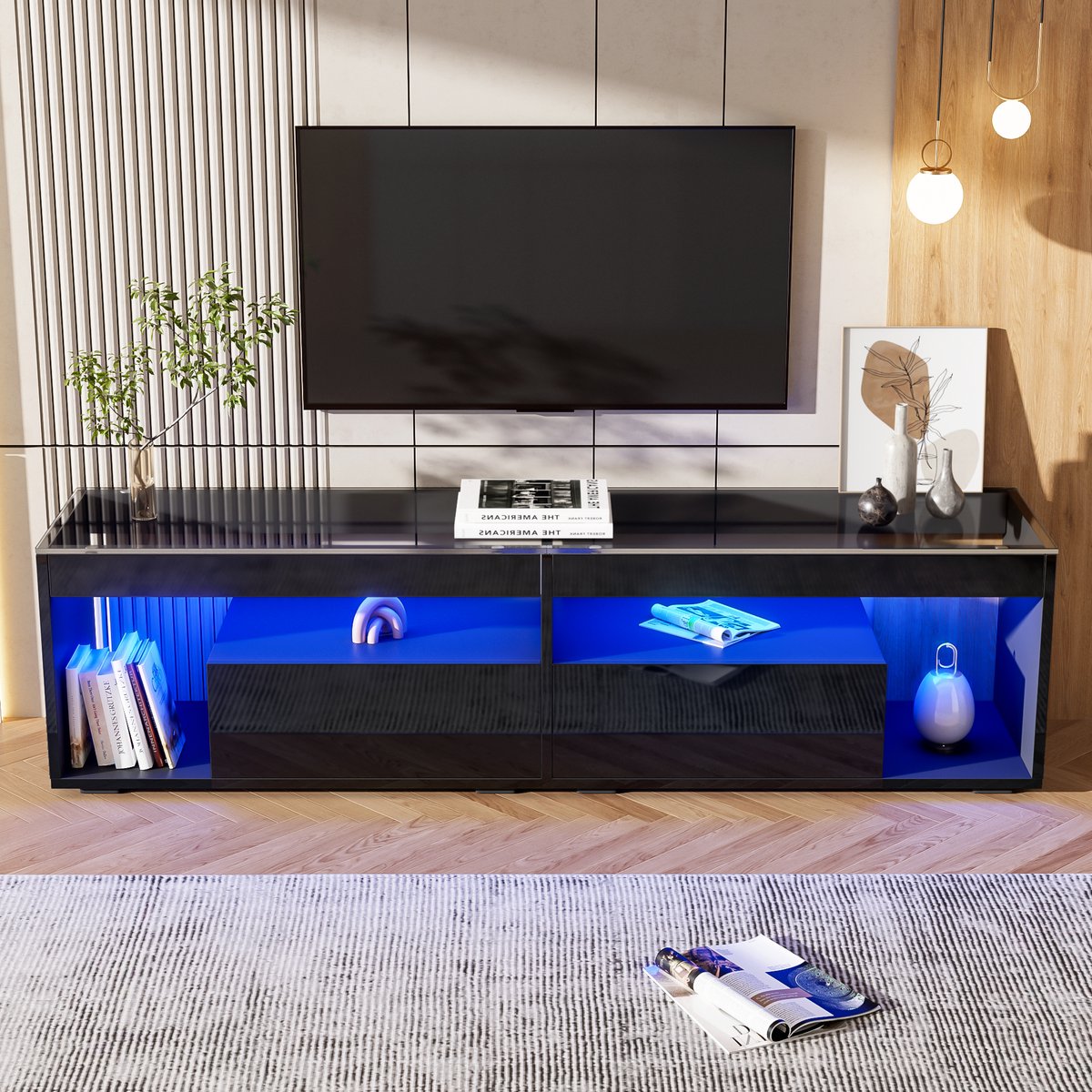 Wishdor Tv-Meubel - Hoogglans Afwerking - Met Ledverlichting - Met 2 Lades - Spaanplaat En Gehard Glas - Zwart - 180 X 40 X 46 Cm