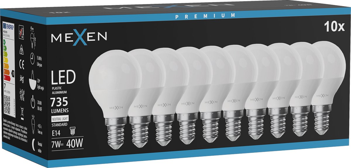 Mexen Nova 10x LED-lamp E14, G45, 7W, Neutraal - 4000K, 735 lm - L101-E14-0740-01x10