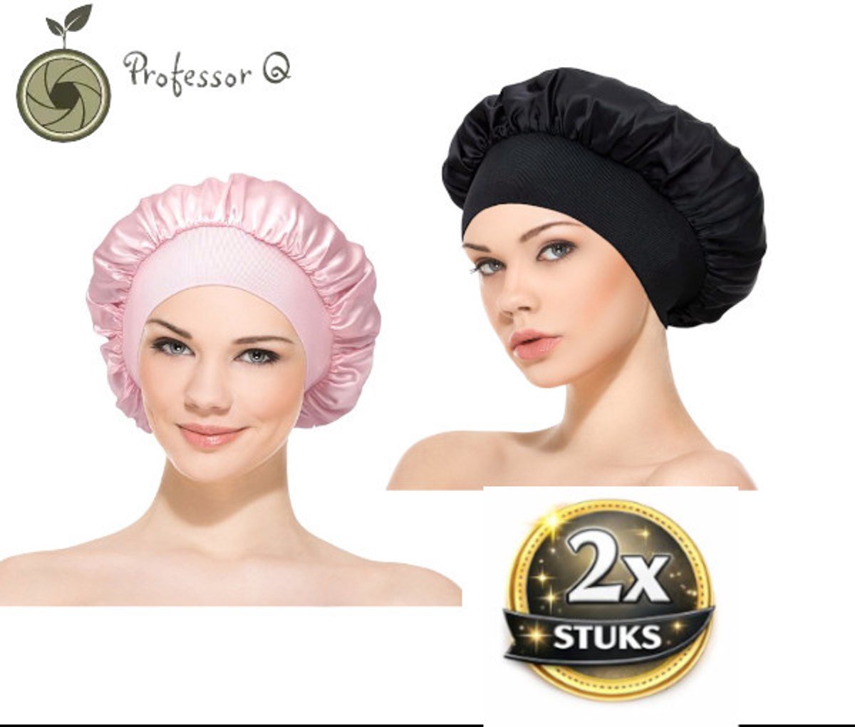 Professor Q Satijnen Slaapmuts - Slaapmuts - Satijn - Volwassenen - Dames - Satin Bonnet - Satijnen Bonnet - Met elastiek - Roze en Zwart - 2 stuks