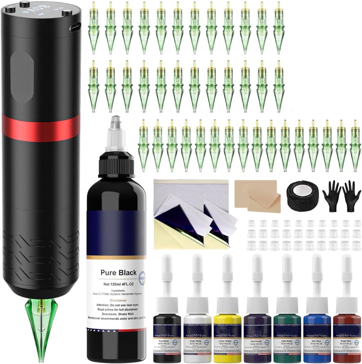 Tattoo Machine met Accessoires - Tattoo Machines Draadloos - Tattoo Set Inclusief Inkt en Naalden - Tattoo Kit - Zwart