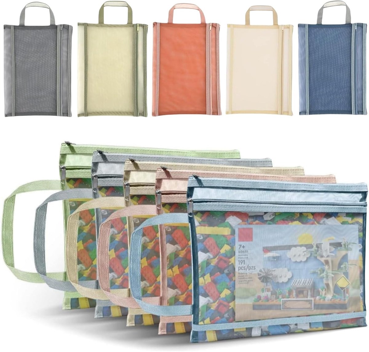 Kraftverdia - 10 opbergzakken met rits(A4) - Doorzichtige ademende mesh opbergtasjes - Dubbellaagse sorteertassen voor speelgoed - Met handvat voor bouwblokken, puzzels en boeken - Meerkleurige set