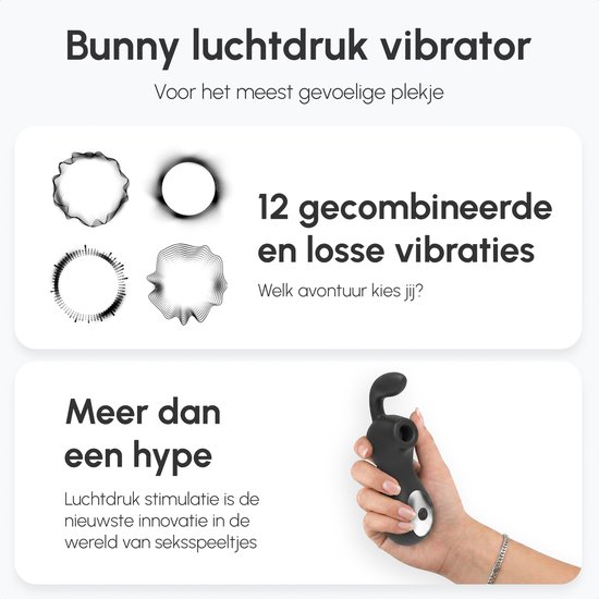 Zwarte bunny luchtstok vibrator, 23cm lang, 4.4cm breed en 1.5cm opening. Waterdicht, zacht en flexibel.