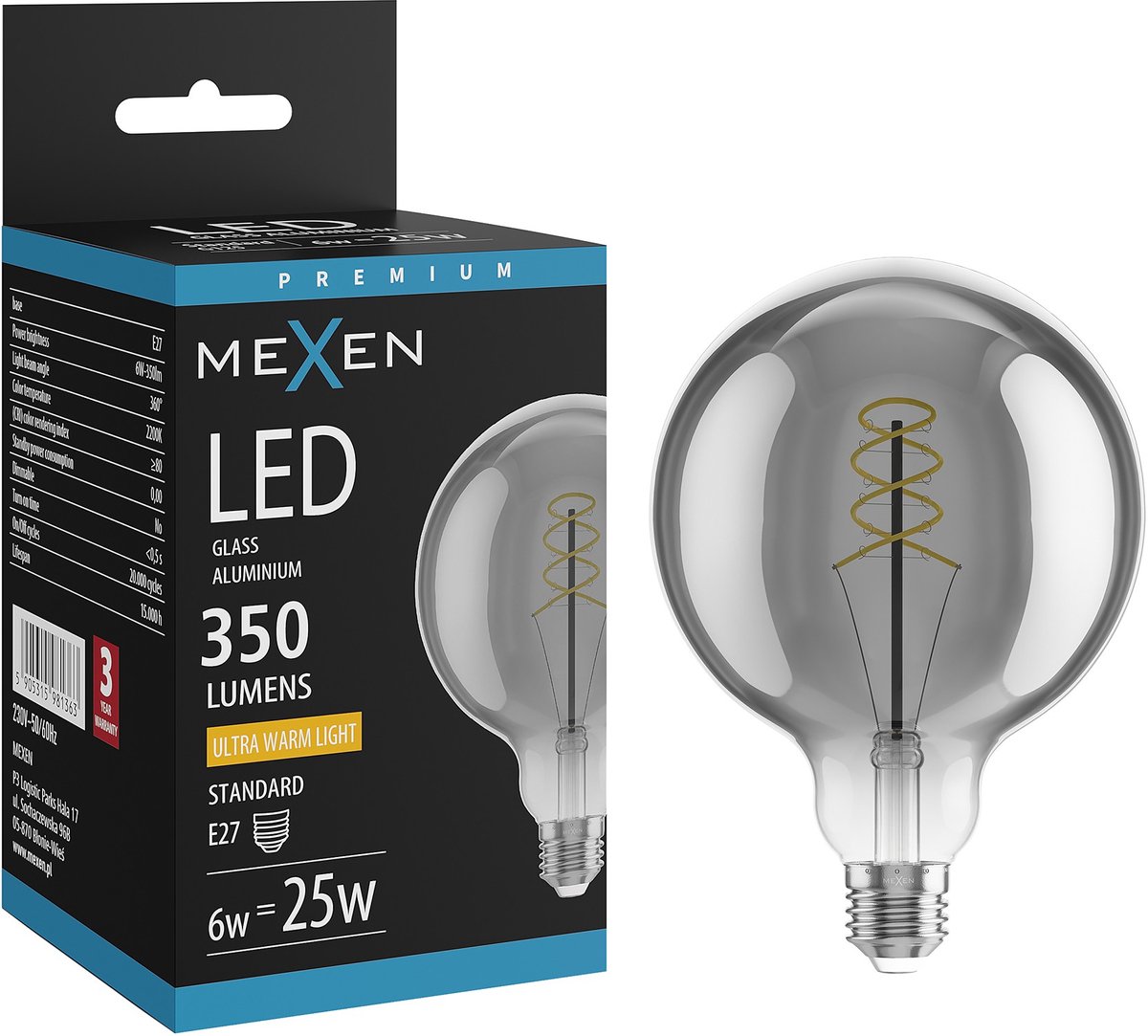 Mexen Vintis LED filament spiraal gloeilamp E27, G125, 6W, Warm - 2200K, 350 lm, smoke - L168-E27-0622-70