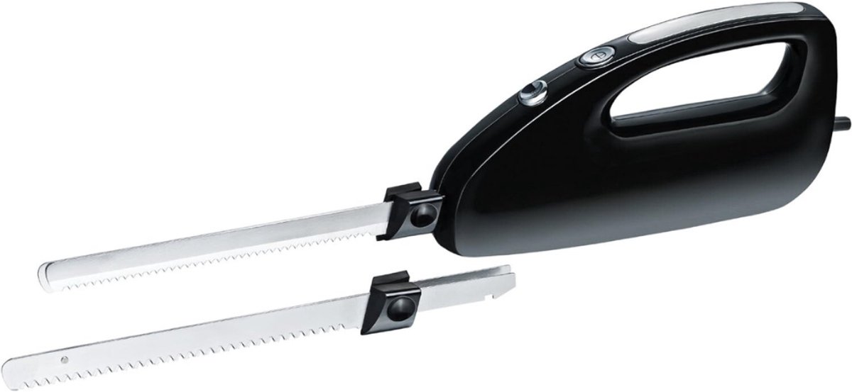 Aura® Elektrisch Broodmes - Elektrisch Mes Met Vingerbescherming – Broodsnijder Incl. Twee Roestvrijstalen Messen - Zwart - 43cm x 6cm x 11cm