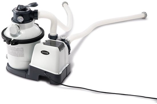 Intex zandfilterpomp met twee witte slangen, witte tank en grijze motorunit.