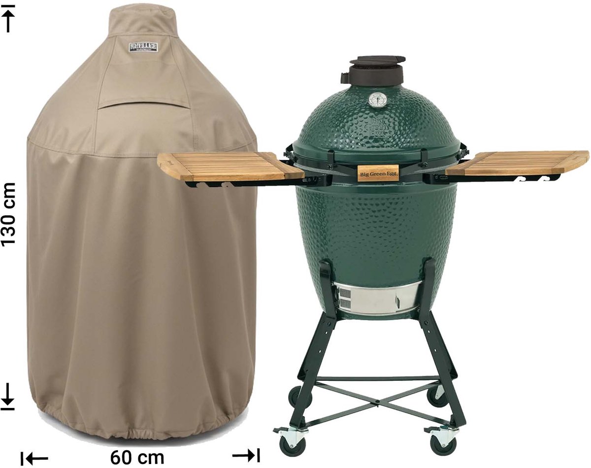 Raffles Covers Big Green Egg / Kamado hoes - 60 x 60 H: 130 cm - RBGE60long - Waterdicht - Ademend - UV-bestendig - Elastisch rijgkoord - Big Green Egg / Kamado Accessoires - Hoes voor BBQ + Tafel Taupe