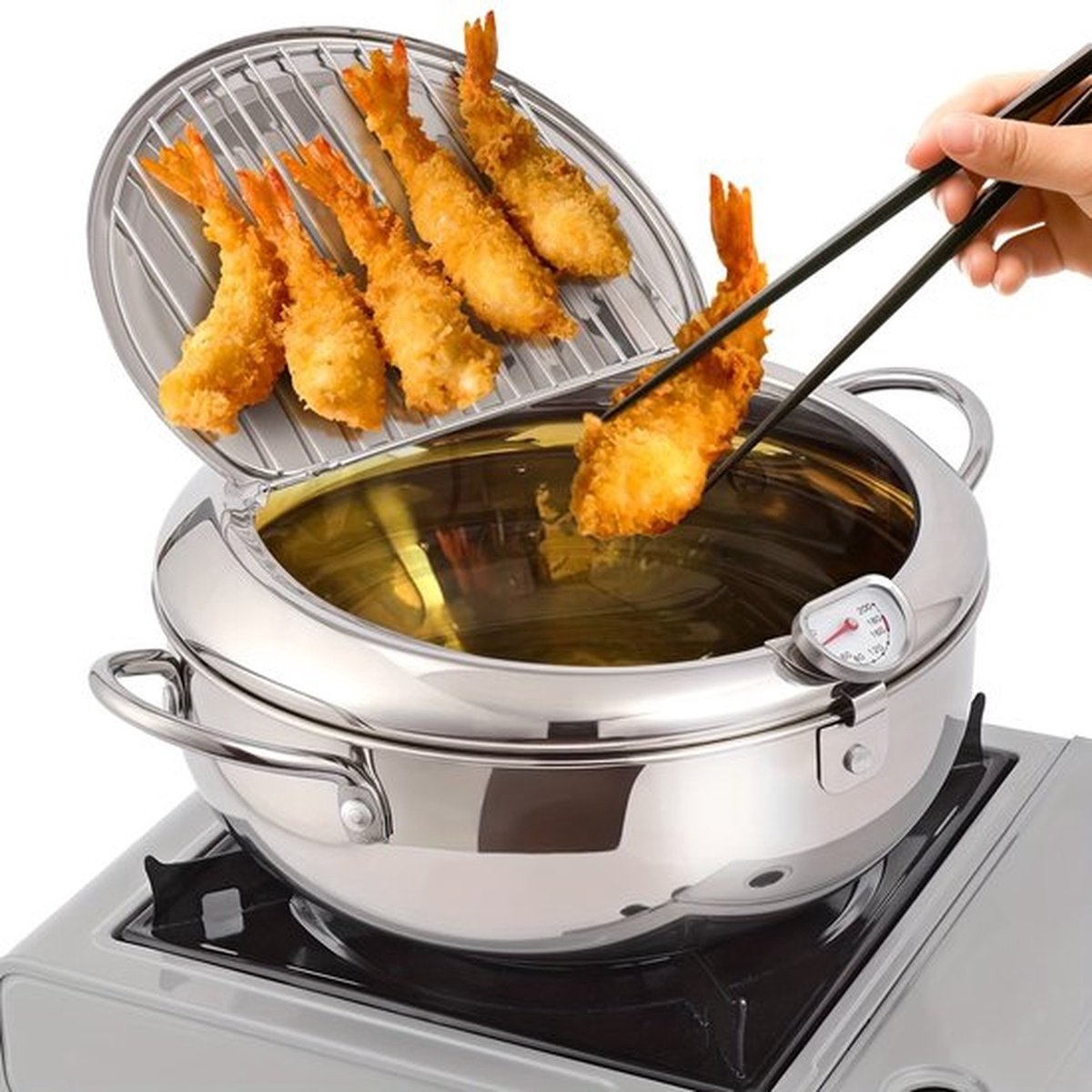 Professionele Frituurpan van RVS - Japanse Tempura Frituurpan 2.2L met Thermometer - Inclusief Deksel en Oliedruiprek - Ideaal voor Kip, Garnalen en Friet (20cm)