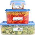Drie voedselcontainers met blauwe deksels. Elke container is gevuld met voedsel en heeft een blanco sticker met datum en inhoud.