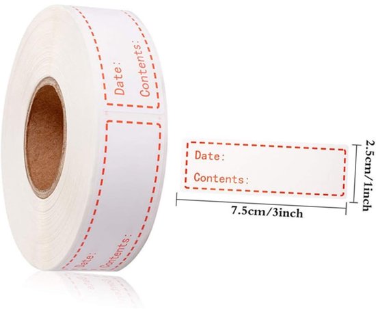 Een rol met blanco houdbaarheidsstickers met rode stippellijn. Naast de rol is een enkele sticker te zien met afmetingen 7.5cm/3inch en 2.5cm/1inch.